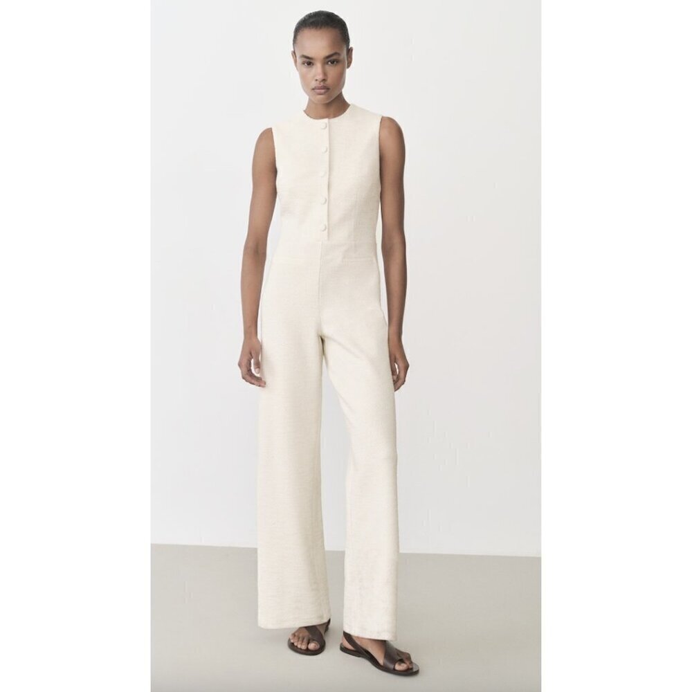 MANGO Sleeveless Tweed Jumpsuit in Cream Size Small